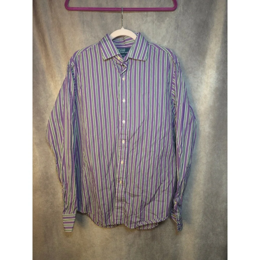 Polo Ralph Lauren Men's‎ Regent Custom Fit Striped Dress Shirt Purple Green Blue